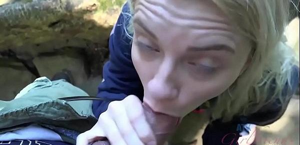  Blonde teen gets fucked and sucks cock in a forest (Riley Star)